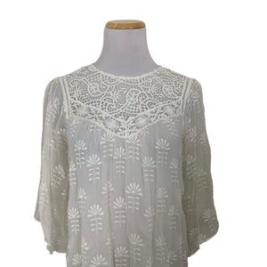 4 Love And Liberty Johnny Was Silk Ivory Sheer Embroidered Crochet Top Womens XS